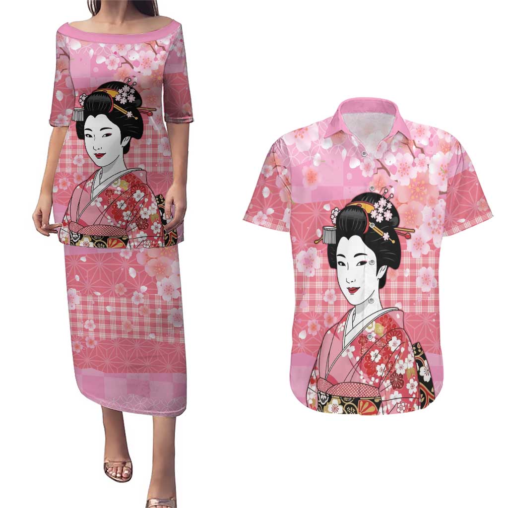 Japanese Geisha Cherry Blossom Couples Matching Puletasi and Hawaiian Shirt Pink Palaka Hawaii Pattern Fusion Design LT19 Pink - Polynesian Pride