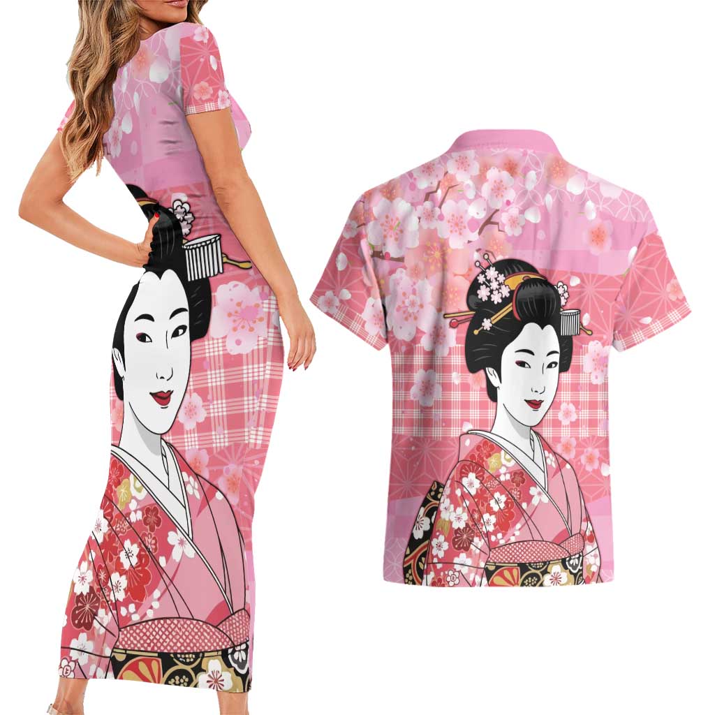 Japanese Geisha Cherry Blossom Couples Matching Short Sleeve Bodycon Dress and Hawaiian Shirt Pink Palaka Hawaii Pattern Fusion Design LT19 - Polynesian Pride