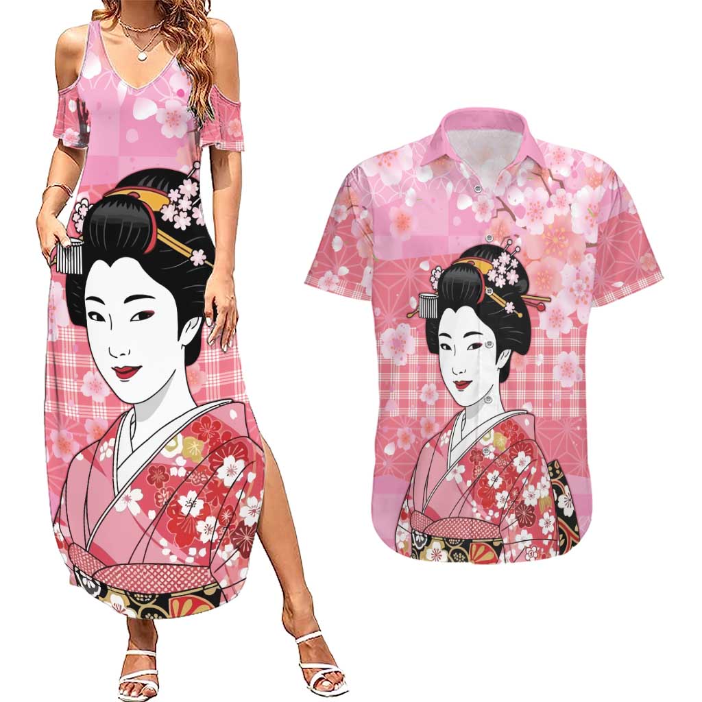Japanese Geisha Cherry Blossom Couples Matching Summer Maxi Dress and Hawaiian Shirt Pink Palaka Hawaii Pattern Fusion Design LT19 Pink - Polynesian Pride