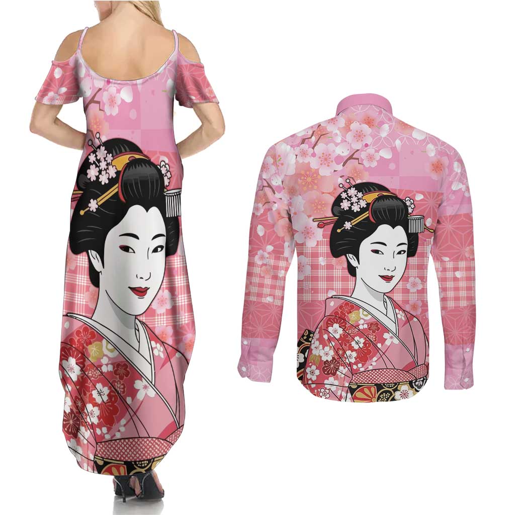 Japanese Geisha Cherry Blossom Couples Matching Summer Maxi Dress and Long Sleeve Button Shirt Pink Palaka Hawaii Pattern Fusion Design