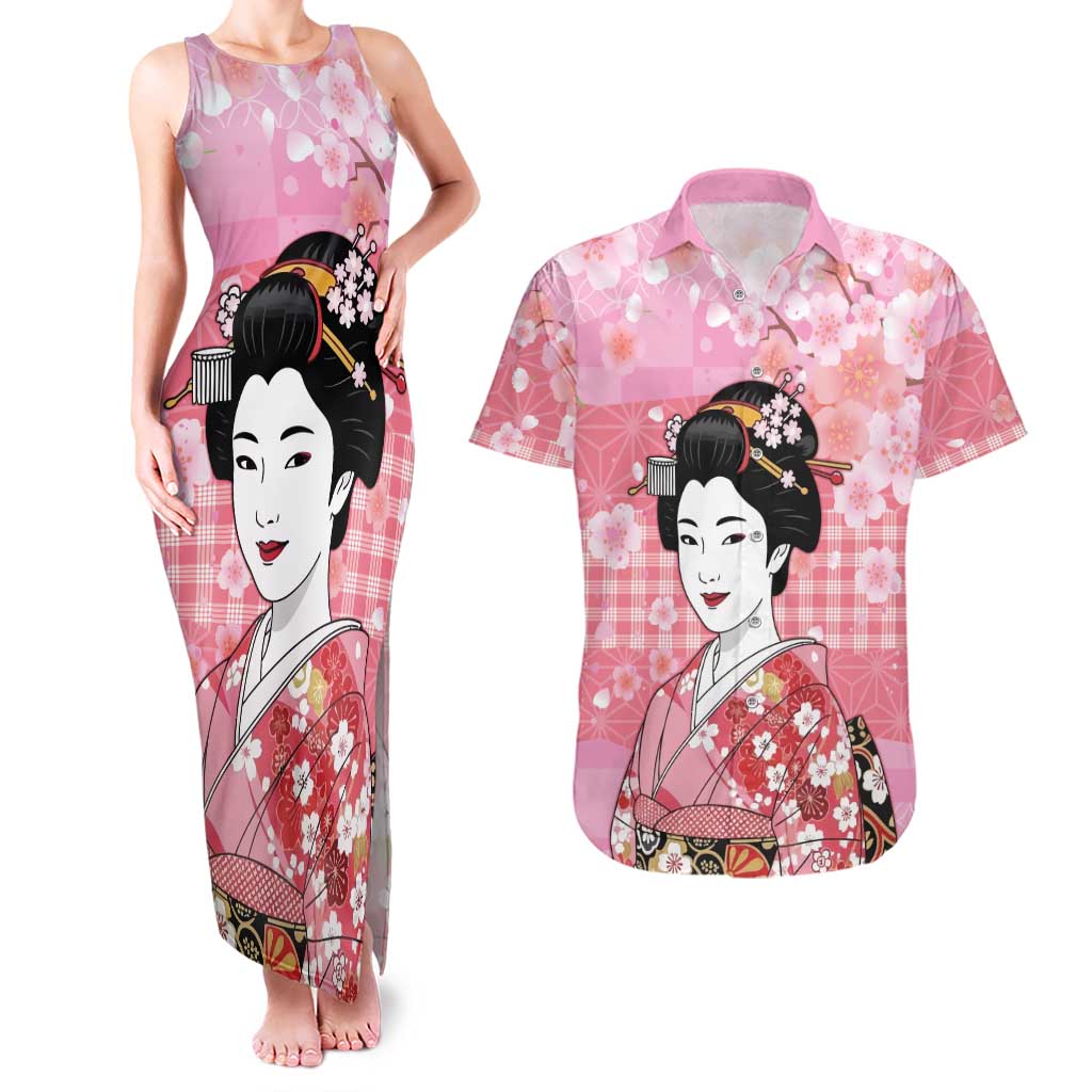 Japanese Geisha Cherry Blossom Couples Matching Tank Maxi Dress and Hawaiian Shirt Pink Palaka Hawaii Pattern Fusion Design LT19 Pink - Polynesian Pride