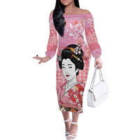 Japanese Geisha Cherry Blossom Family Matching Off The Shoulder Long Sleeve Dress and Hawaiian Shirt Pink Palaka Hawaii Pattern Fusion Design