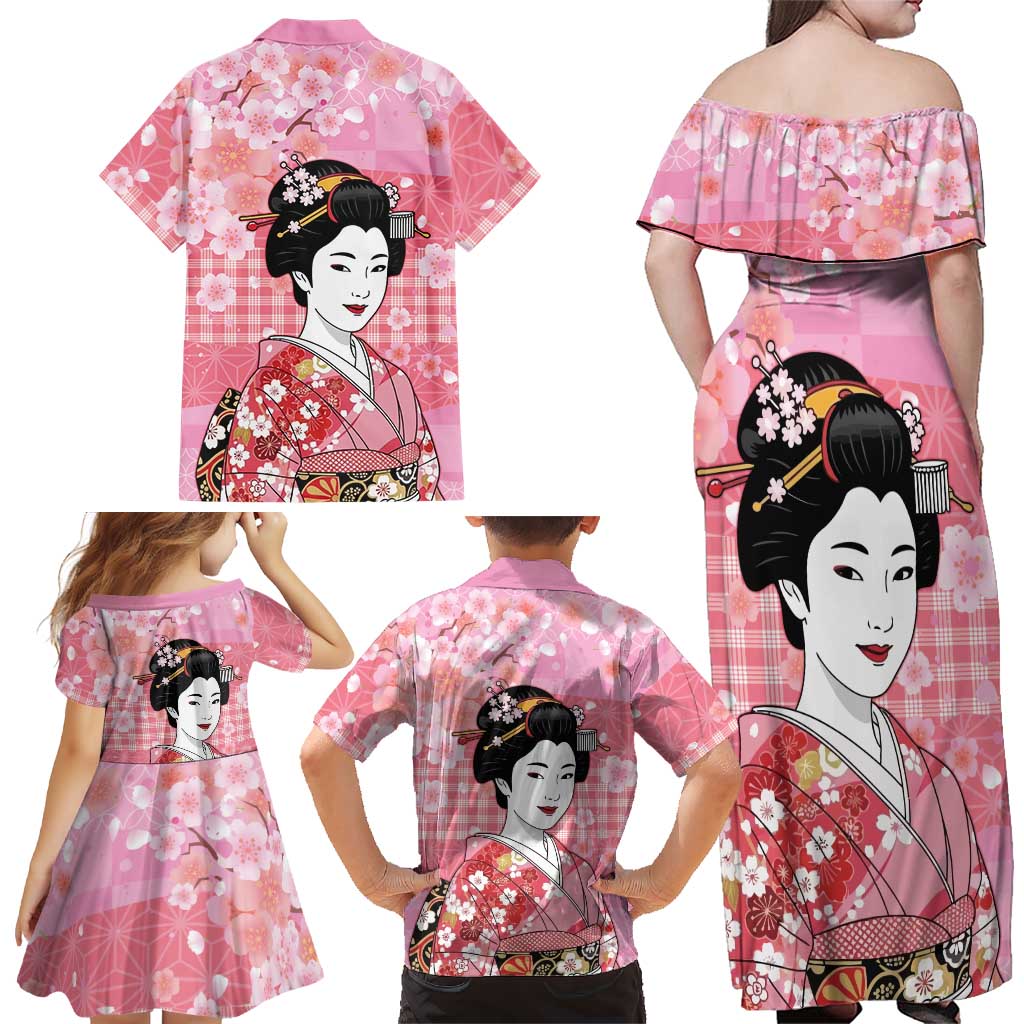 Japanese Geisha Cherry Blossom Family Matching Off Shoulder Maxi Dress and Hawaiian Shirt Pink Palaka Hawaii Pattern Fusion Design