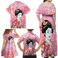 Japanese Geisha Cherry Blossom Family Matching Off Shoulder Maxi Dress and Hawaiian Shirt Pink Palaka Hawaii Pattern Fusion Design
