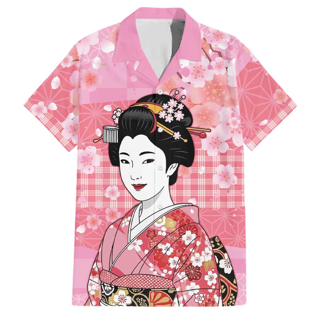 Japanese Geisha Cherry Blossom Family Matching Off Shoulder Maxi Dress and Hawaiian Shirt Pink Palaka Hawaii Pattern Fusion Design