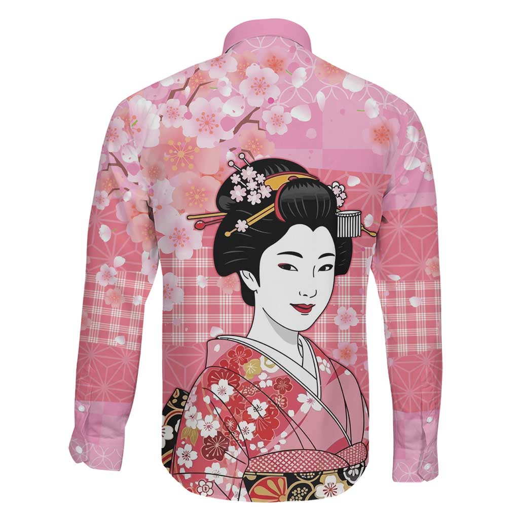 Japanese Geisha Cherry Blossom Family Matching Off Shoulder Maxi Dress and Hawaiian Shirt Pink Palaka Hawaii Pattern Fusion Design