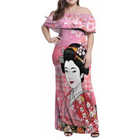 Japanese Geisha Cherry Blossom Family Matching Off Shoulder Maxi Dress and Hawaiian Shirt Pink Palaka Hawaii Pattern Fusion Design