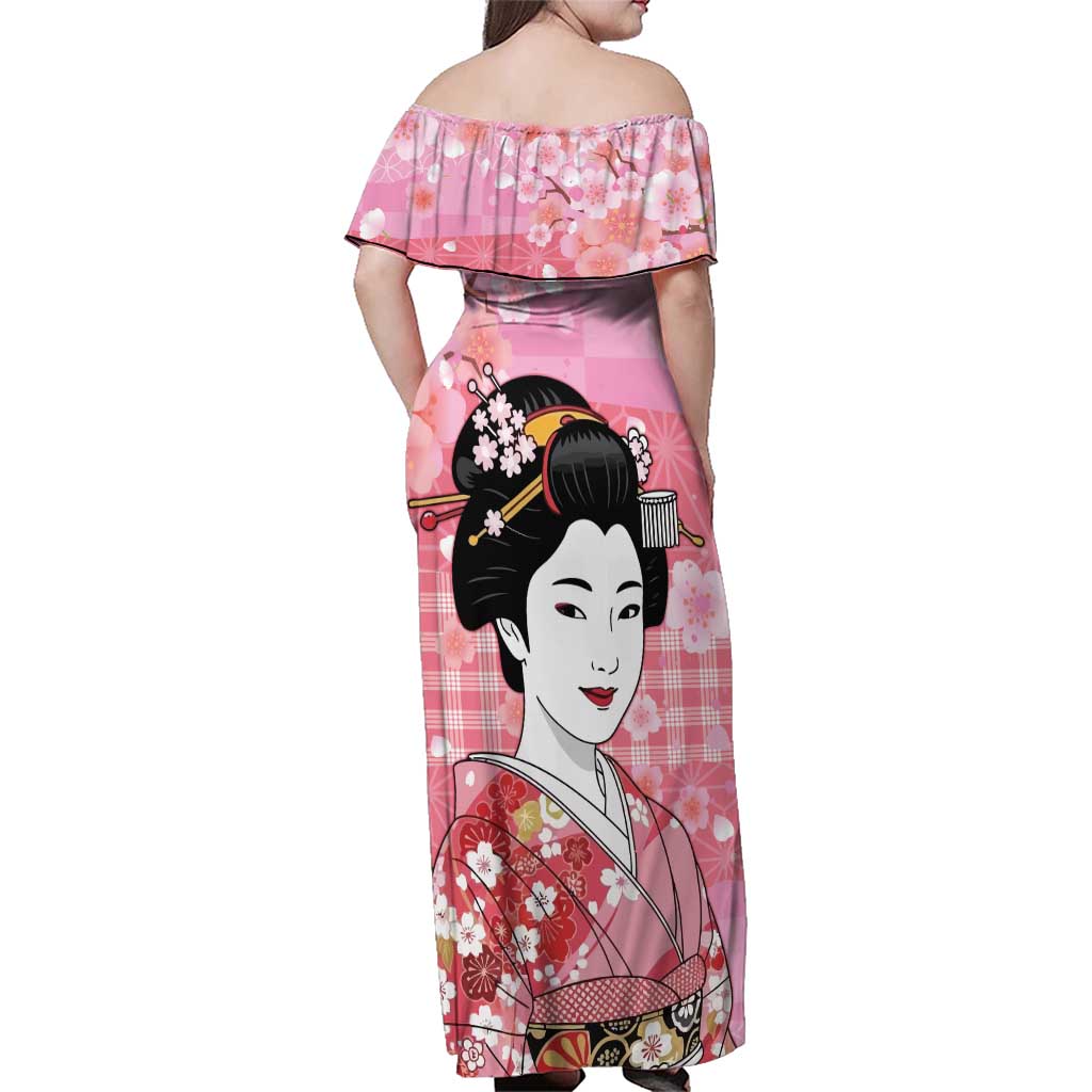 Japanese Geisha Cherry Blossom Family Matching Off Shoulder Maxi Dress and Hawaiian Shirt Pink Palaka Hawaii Pattern Fusion Design