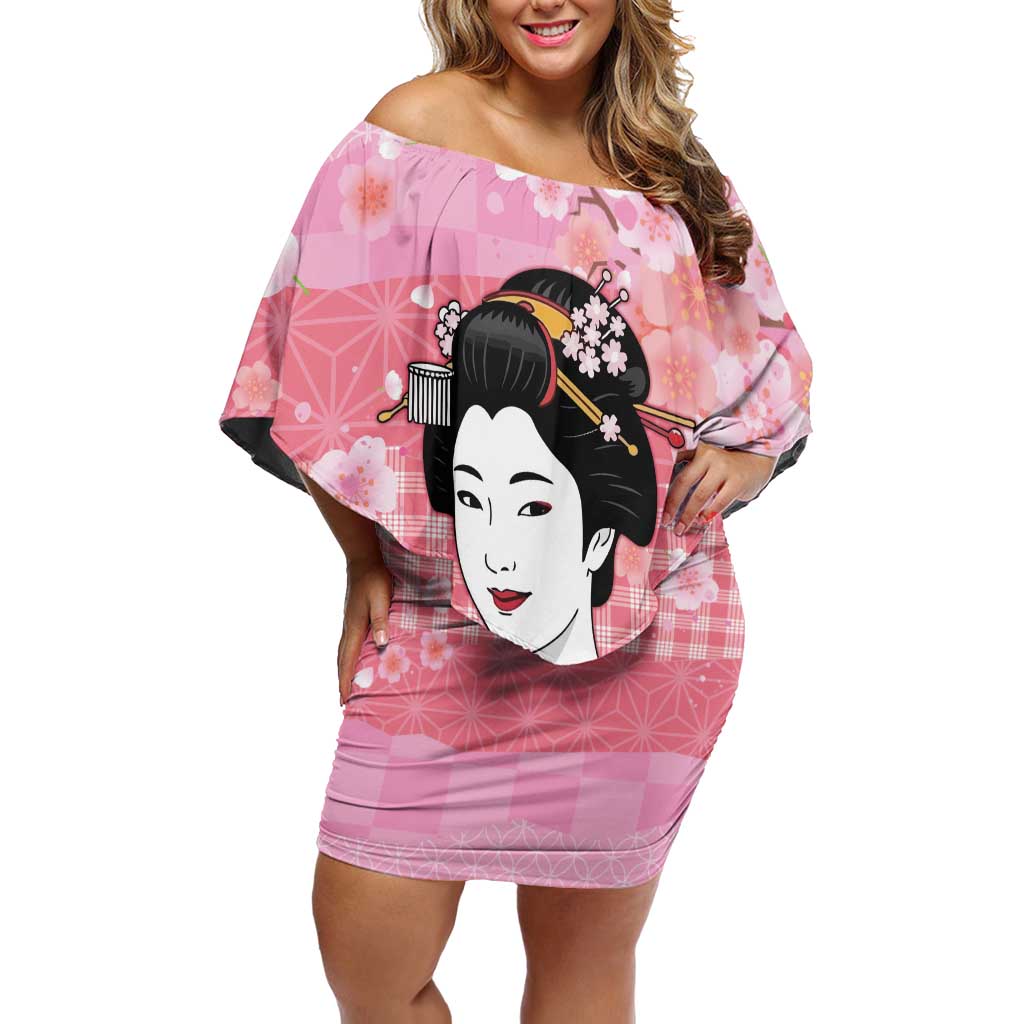 Japanese Geisha Cherry Blossom Family Matching Off Shoulder Short Dress and Hawaiian Shirt Pink Palaka Hawaii Pattern Fusion Design