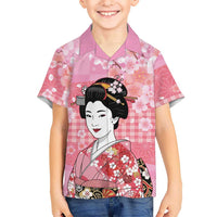 Japanese Geisha Cherry Blossom Family Matching Off Shoulder Short Dress and Hawaiian Shirt Pink Palaka Hawaii Pattern Fusion Design