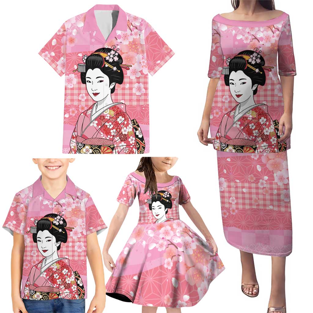 Japanese Geisha Cherry Blossom Family Matching Puletasi and Hawaiian Shirt Pink Palaka Hawaii Pattern Fusion Design LT19 - Polynesian Pride
