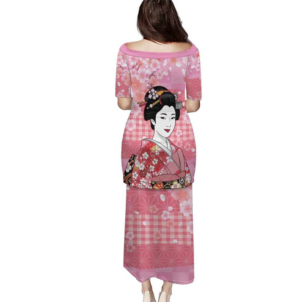 Japanese Geisha Cherry Blossom Family Matching Puletasi and Hawaiian Shirt Pink Palaka Hawaii Pattern Fusion Design