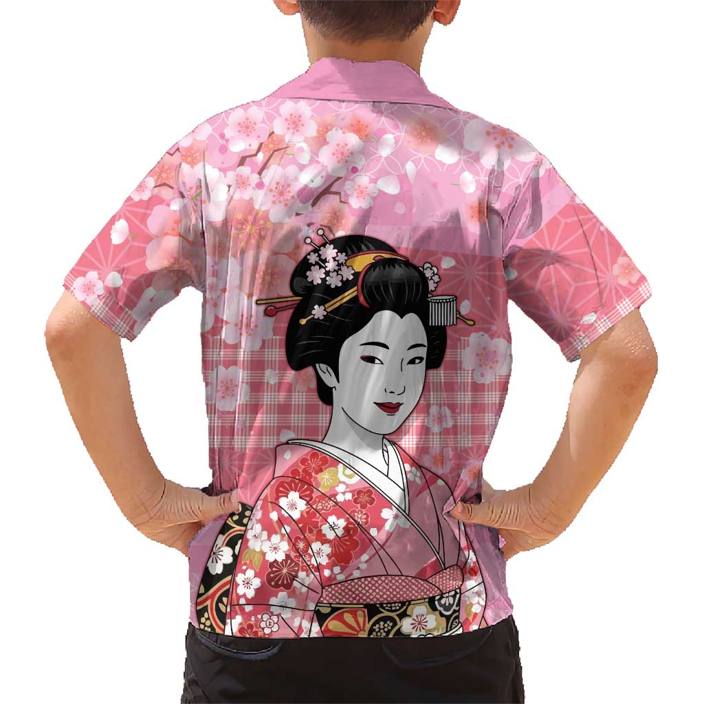 Japanese Geisha Cherry Blossom Family Matching Summer Maxi Dress and Hawaiian Shirt Pink Palaka Hawaii Pattern Fusion Design