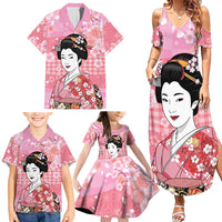 Japanese Geisha Cherry Blossom Family Matching Summer Maxi Dress and Hawaiian Shirt Pink Palaka Hawaii Pattern Fusion Design