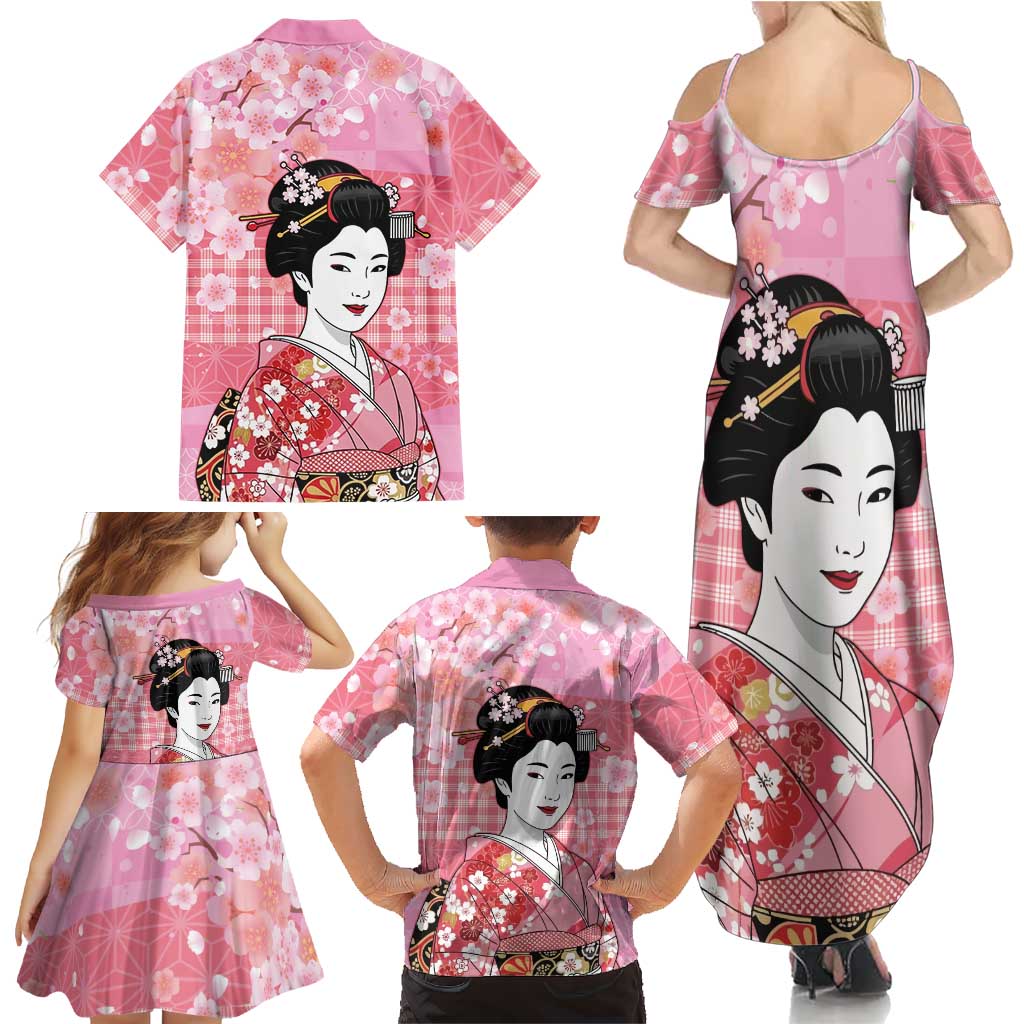Japanese Geisha Cherry Blossom Family Matching Summer Maxi Dress and Hawaiian Shirt Pink Palaka Hawaii Pattern Fusion Design
