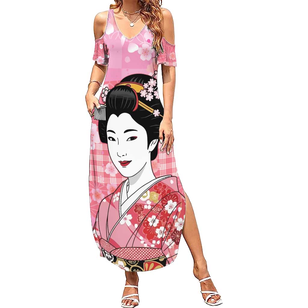 Japanese Geisha Cherry Blossom Family Matching Summer Maxi Dress and Hawaiian Shirt Pink Palaka Hawaii Pattern Fusion Design