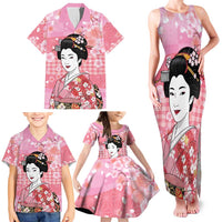 Japanese Geisha Cherry Blossom Family Matching Tank Maxi Dress and Hawaiian Shirt Pink Palaka Hawaii Pattern Fusion Design