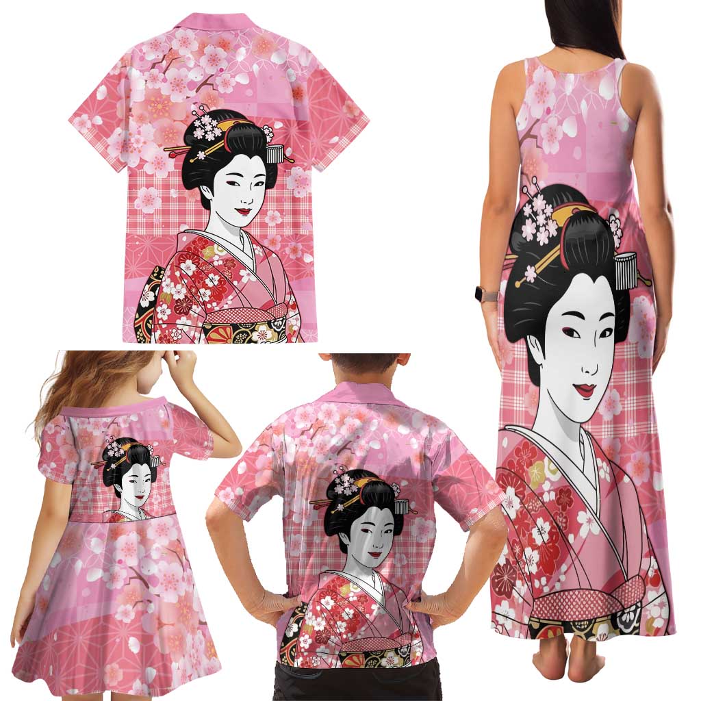 Japanese Geisha Cherry Blossom Family Matching Tank Maxi Dress and Hawaiian Shirt Pink Palaka Hawaii Pattern Fusion Design
