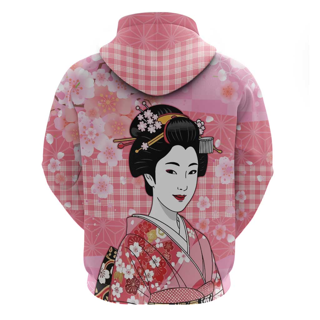 Japanese Geisha Cherry Blossom Hoodie Pink Palaka Hawaii Pattern Fusion Design