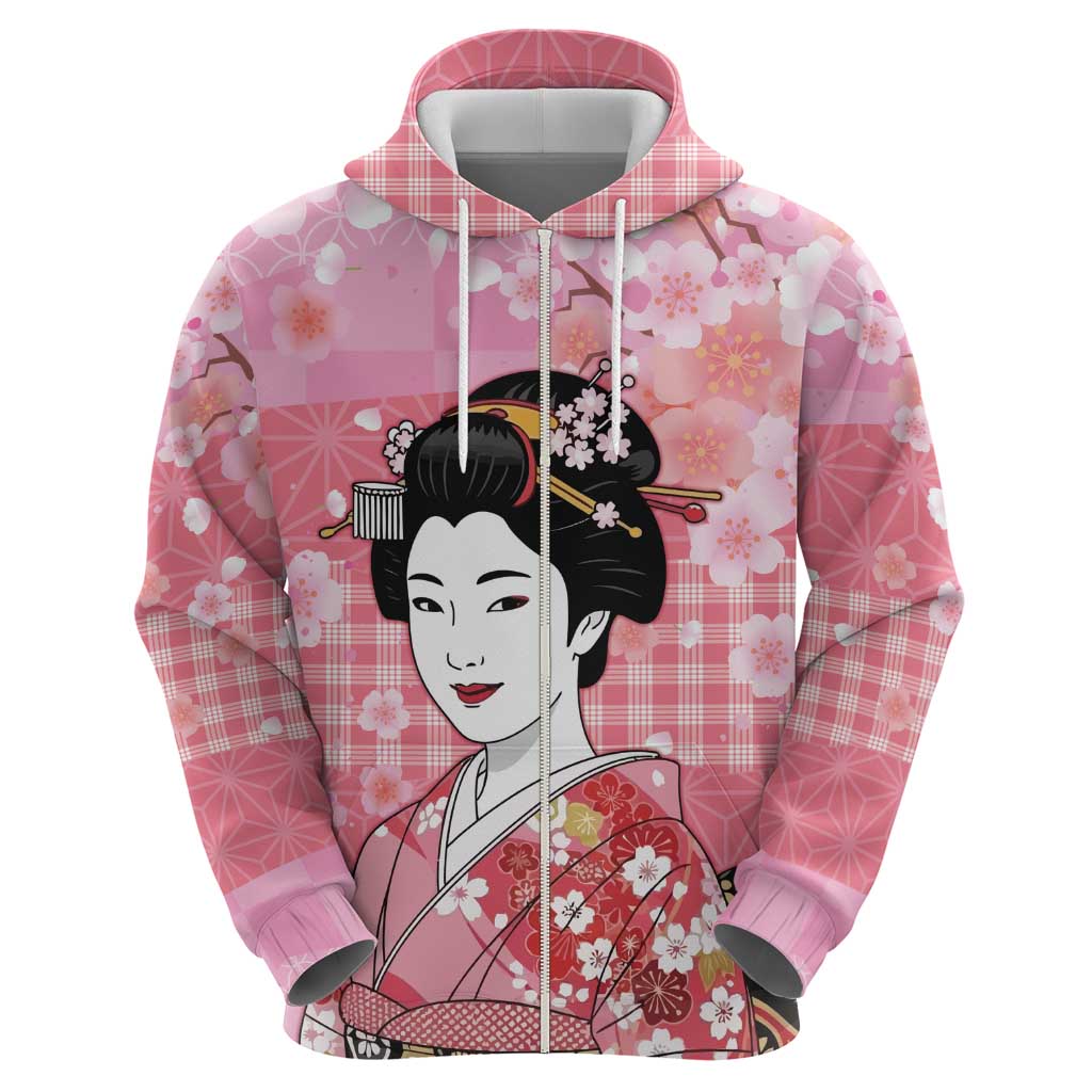 Japanese Geisha Cherry Blossom Hoodie Pink Palaka Hawaii Pattern Fusion Design