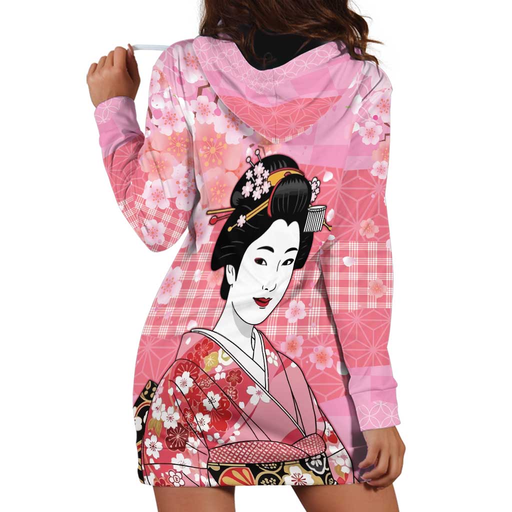 Japanese Geisha Cherry Blossom Hoodie Dress Pink Palaka Hawaii Pattern Fusion Design