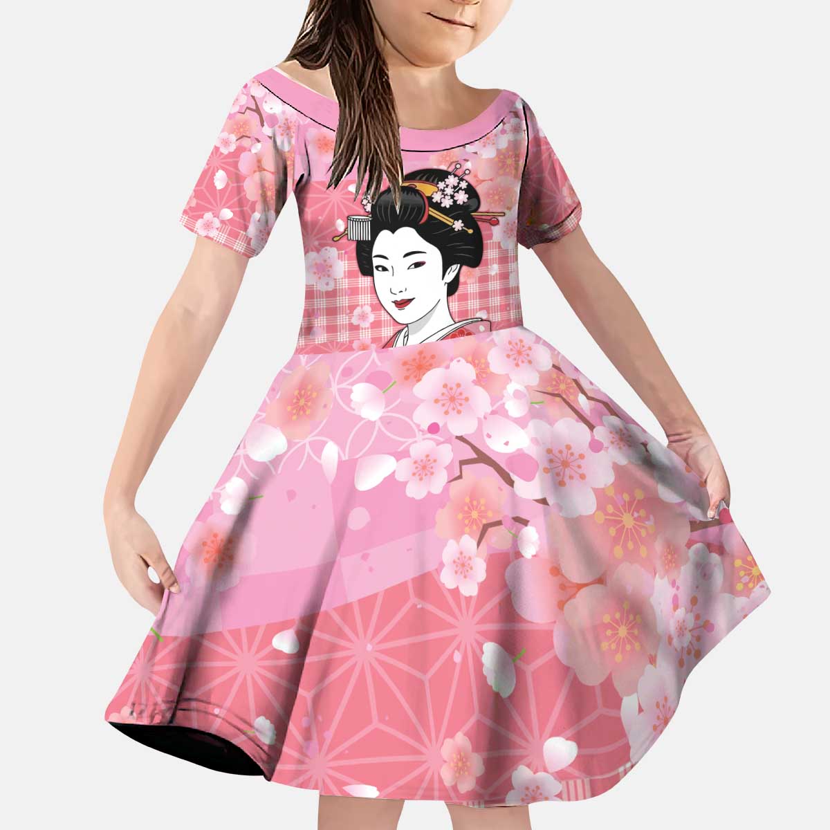 Japanese Geisha Cherry Blossom Kid Short Sleeve Dress Pink Palaka Hawaii Pattern Fusion Design LT19 KID Pink - Polynesian Pride
