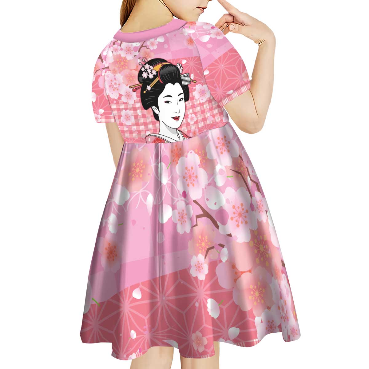 Japanese Geisha Cherry Blossom Kid Short Sleeve Dress Pink Palaka Hawaii Pattern Fusion Design LT19 - Polynesian Pride