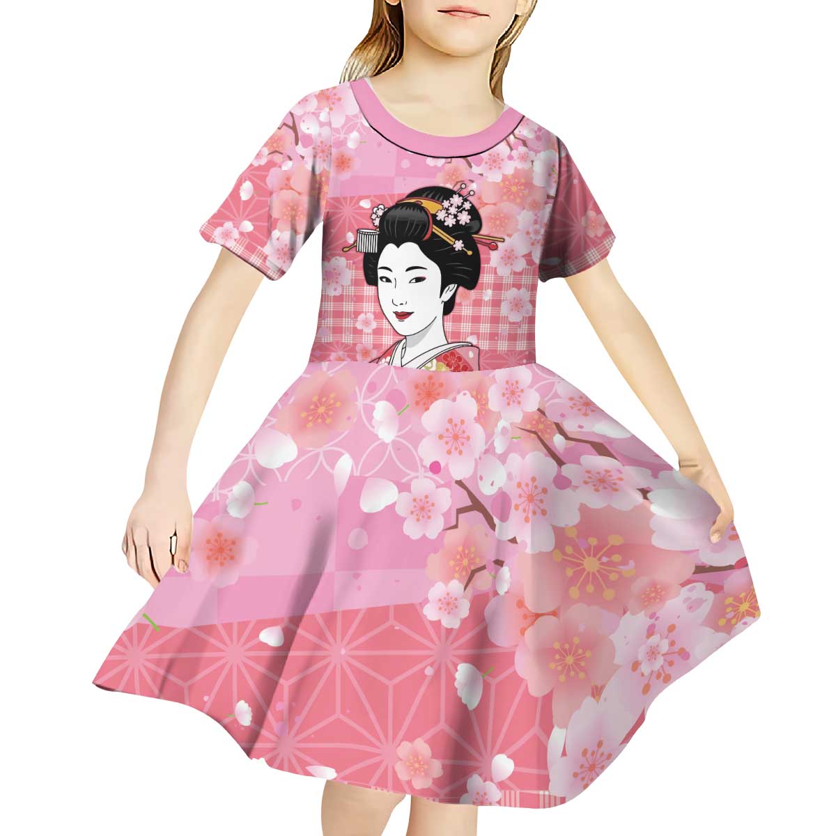 Japanese Geisha Cherry Blossom Kid Short Sleeve Dress Pink Palaka Hawaii Pattern Fusion Design LT19 - Polynesian Pride