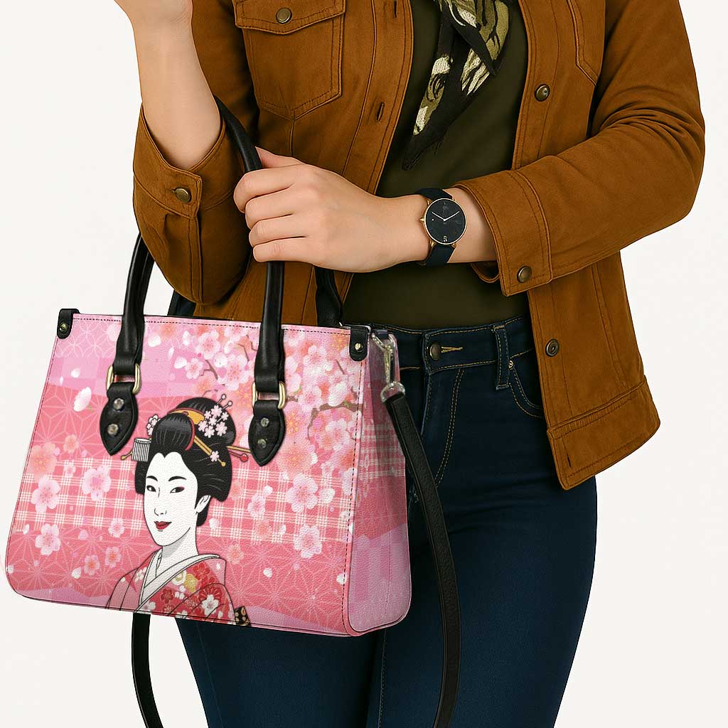 Japanese Geisha Cherry Blossom Leather Bag Pink Palaka Hawaii Pattern Fusion Design LT19 - Polynesian Pride