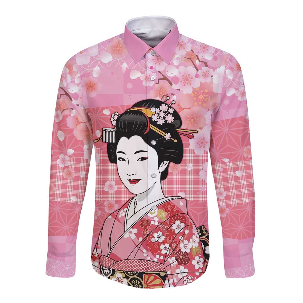 Japanese Geisha Cherry Blossom Long Sleeve Button Shirt Pink Palaka Hawaii Pattern Fusion Design
