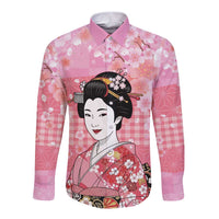 Japanese Geisha Cherry Blossom Long Sleeve Button Shirt Pink Palaka Hawaii Pattern Fusion Design