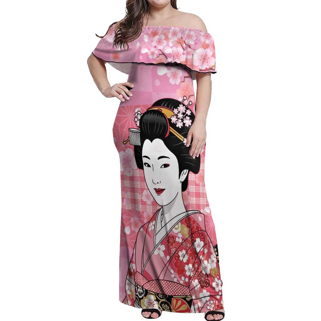 Japanese Geisha Cherry Blossom Off Shoulder Maxi Dress Pink Palaka Hawaii Pattern Fusion Design