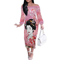 Japanese Geisha Cherry Blossom Off The Shoulder Long Sleeve Dress Pink Palaka Hawaii Pattern Fusion Design