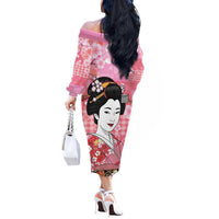 Japanese Geisha Cherry Blossom Off The Shoulder Long Sleeve Dress Pink Palaka Hawaii Pattern Fusion Design