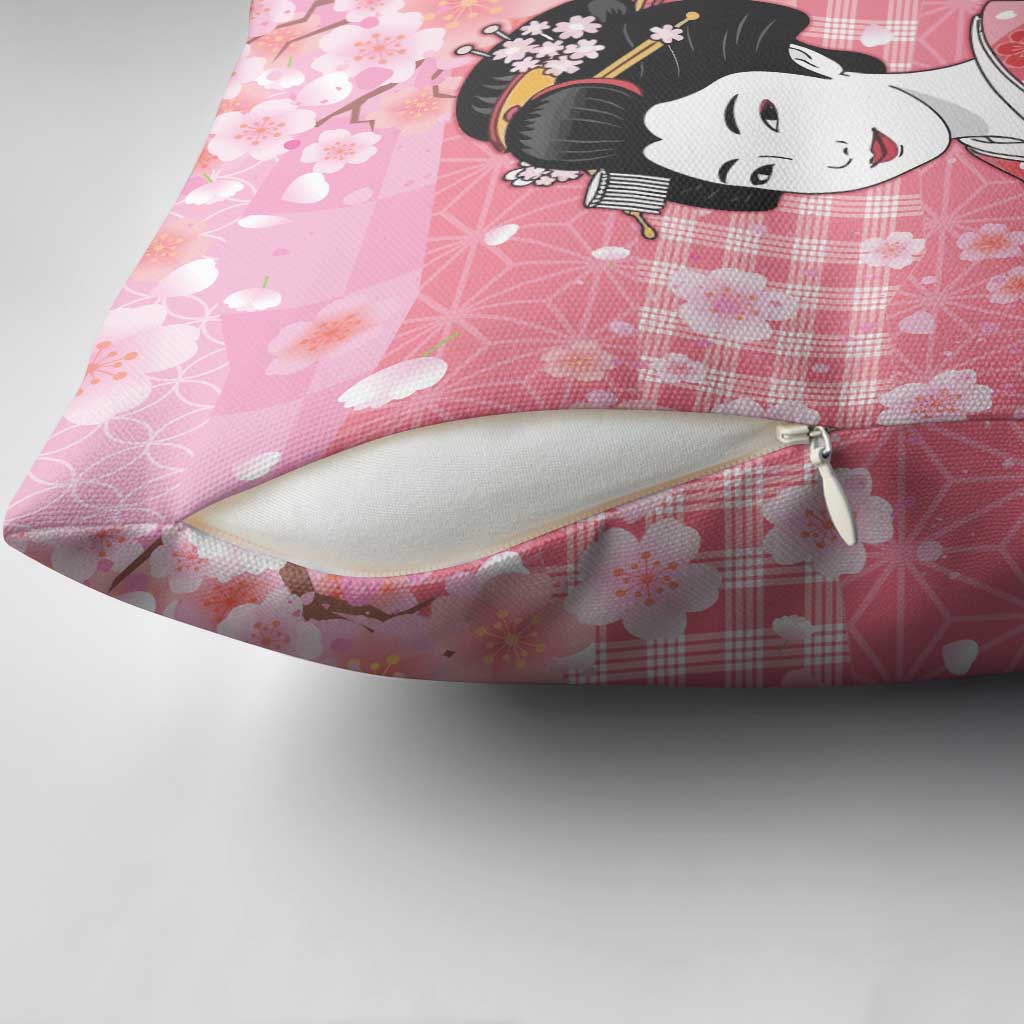 Japanese Geisha Cherry Blossom Pillow Cover Pink Palaka Hawaii Pattern Fusion Design