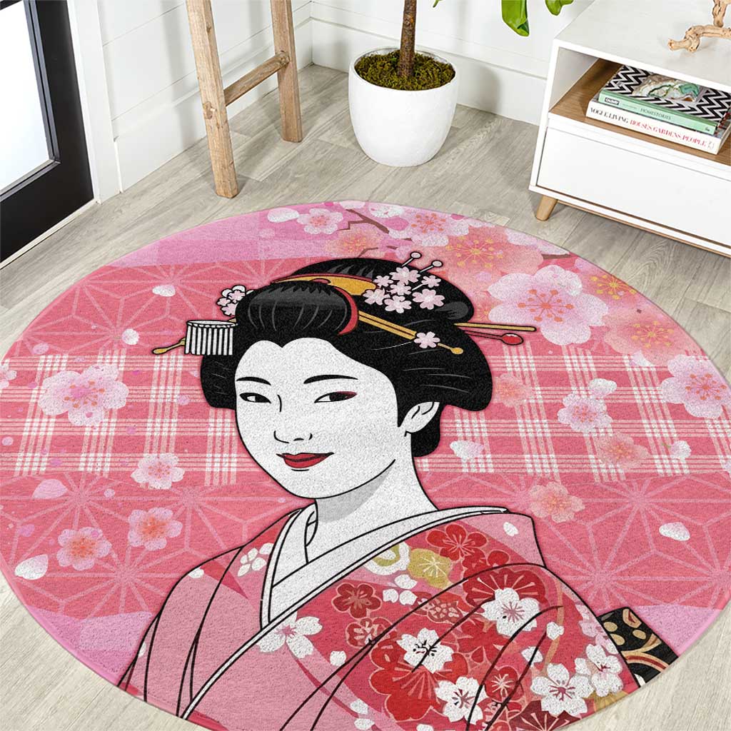 Japanese Geisha Cherry Blossom Round Carpet Pink Palaka Hawaii Pattern Fusion Design LT19 Pink - Polynesian Pride