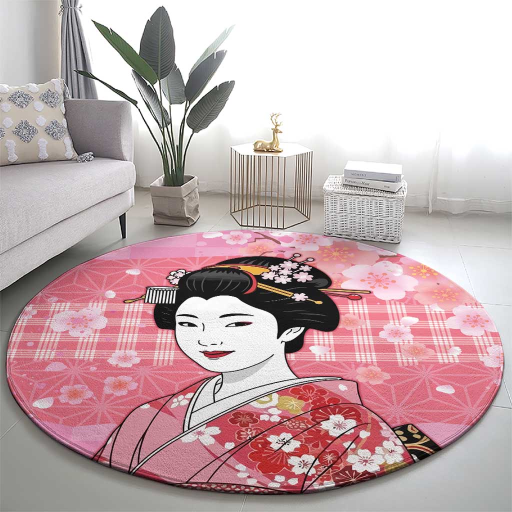 Japanese Geisha Cherry Blossom Round Carpet Pink Palaka Hawaii Pattern Fusion Design LT19 - Polynesian Pride