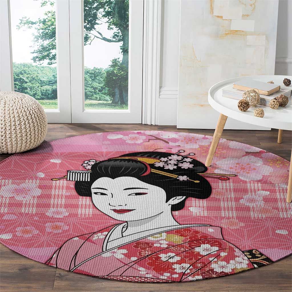 Japanese Geisha Cherry Blossom Round Carpet Pink Palaka Hawaii Pattern Fusion Design LT19 - Polynesian Pride