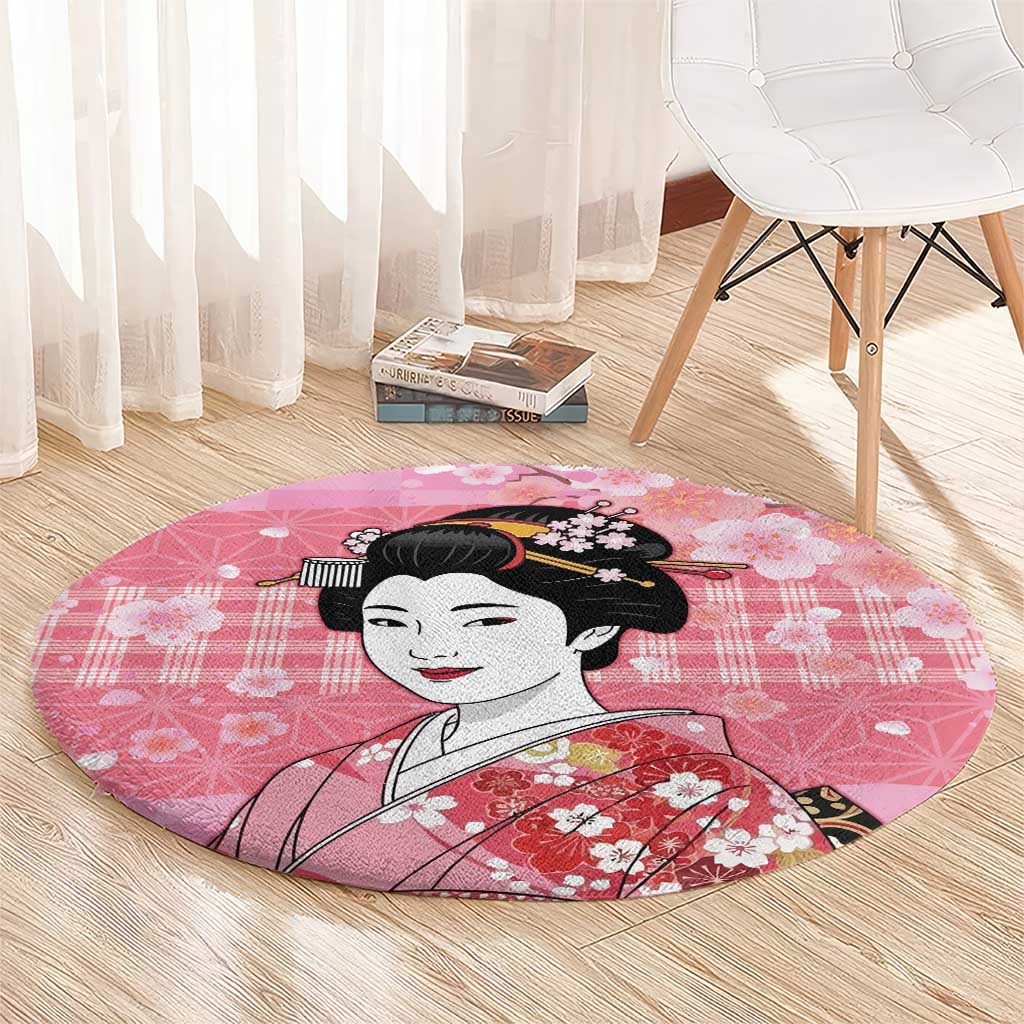 Japanese Geisha Cherry Blossom Round Carpet Pink Palaka Hawaii Pattern Fusion Design LT19 - Polynesian Pride