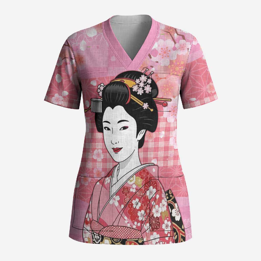 Japanese Geisha Cherry Blossom Scrub Top Pink Palaka Hawaii Pattern Fusion Design LT19 Adult Pink - Polynesian Pride