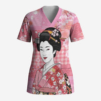 Japanese Geisha Cherry Blossom Scrub Top Pink Palaka Hawaii Pattern Fusion Design LT19 Adult Pink - Polynesian Pride