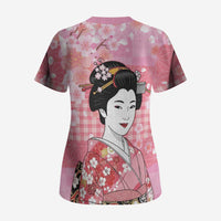 Japanese Geisha Cherry Blossom Scrub Top Pink Palaka Hawaii Pattern Fusion Design LT19 - Polynesian Pride