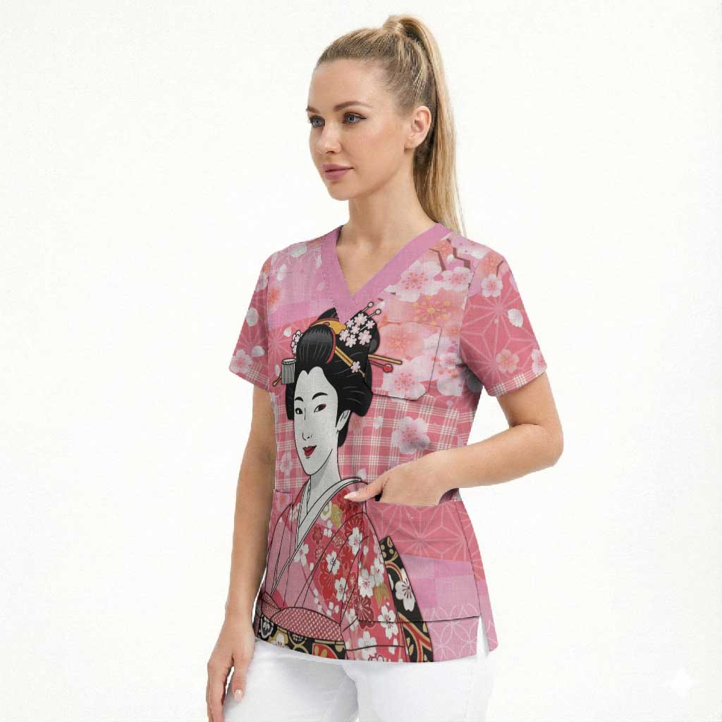 Japanese Geisha Cherry Blossom Scrub Top Pink Palaka Hawaii Pattern Fusion Design LT19 - Polynesian Pride