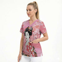 Japanese Geisha Cherry Blossom Scrub Top Pink Palaka Hawaii Pattern Fusion Design LT19 - Polynesian Pride