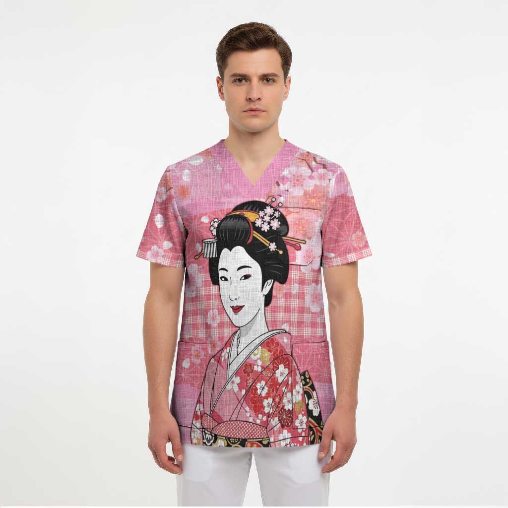 Japanese Geisha Cherry Blossom Scrub Top Pink Palaka Hawaii Pattern Fusion Design LT19 - Polynesian Pride