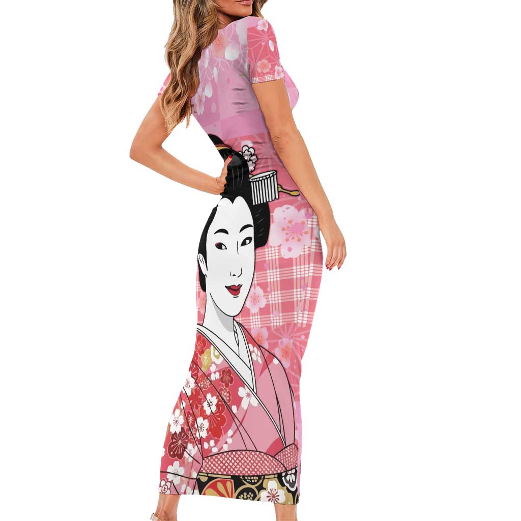 Japanese Geisha Cherry Blossom Short Sleeve Bodycon Dress Pink Palaka Hawaii Pattern Fusion Design