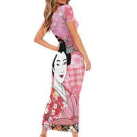 Japanese Geisha Cherry Blossom Short Sleeve Bodycon Dress Pink Palaka Hawaii Pattern Fusion Design