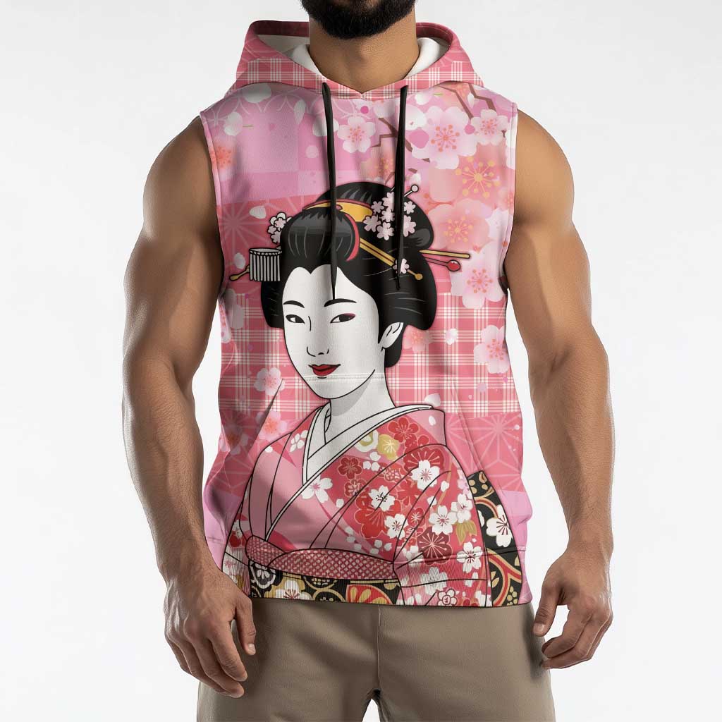 Japanese Geisha Cherry Blossom Sleeveless Hoodie Pink Palaka Hawaii Pattern Fusion Design