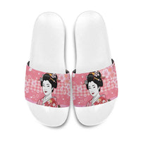Japanese Geisha Cherry Blossom Slide Sandals Pink Palaka Hawaii Pattern Fusion Design