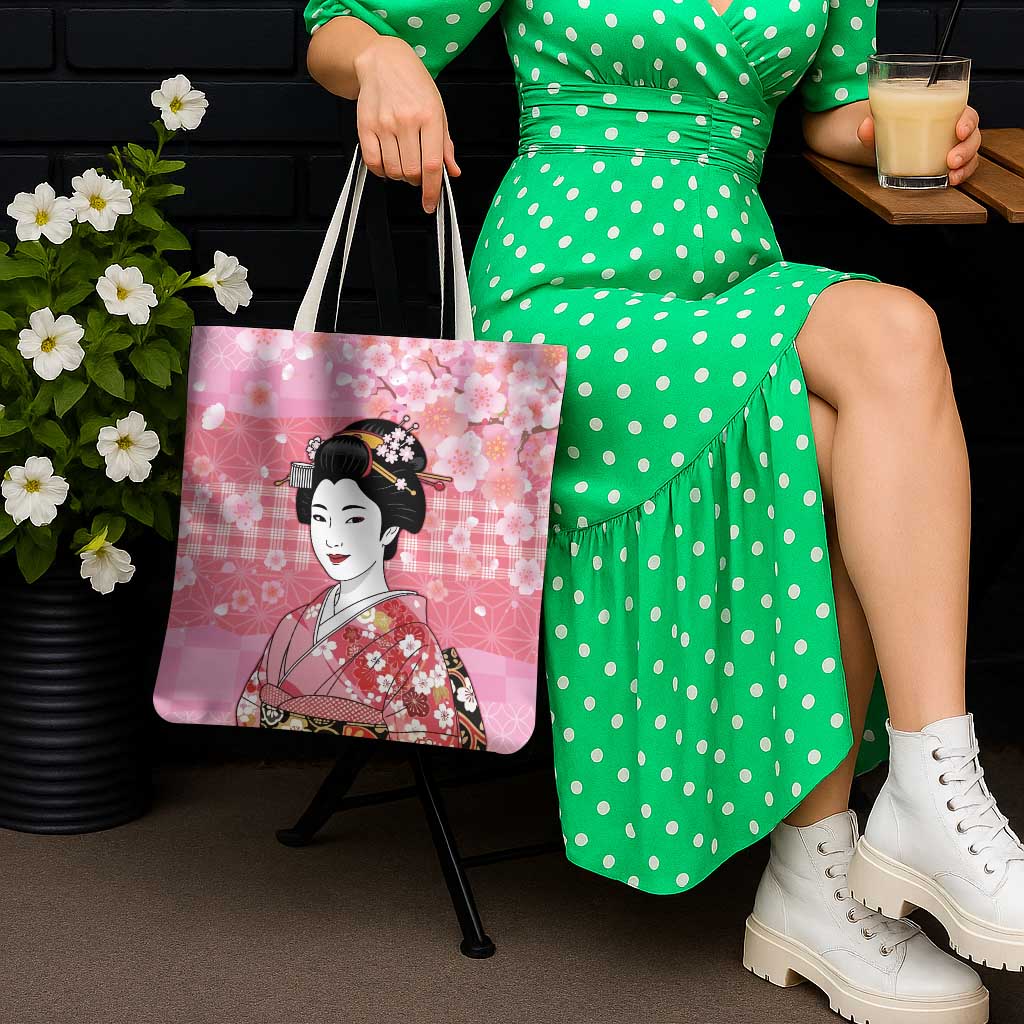 Japanese Geisha Cherry Blossom Tote Bag Pink Palaka Hawaii Pattern Fusion Design